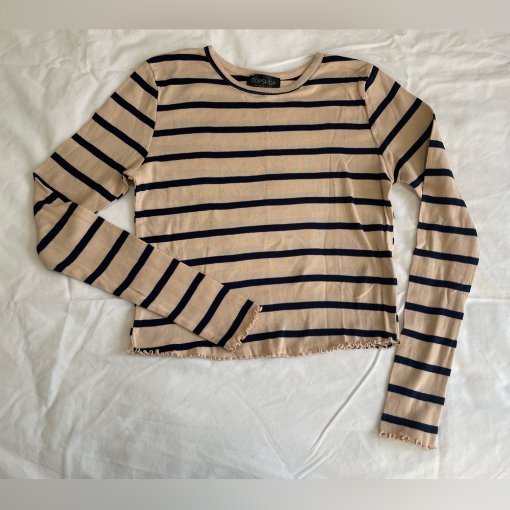 Topshop Ruffle Hem Long Sleeved Striped Top